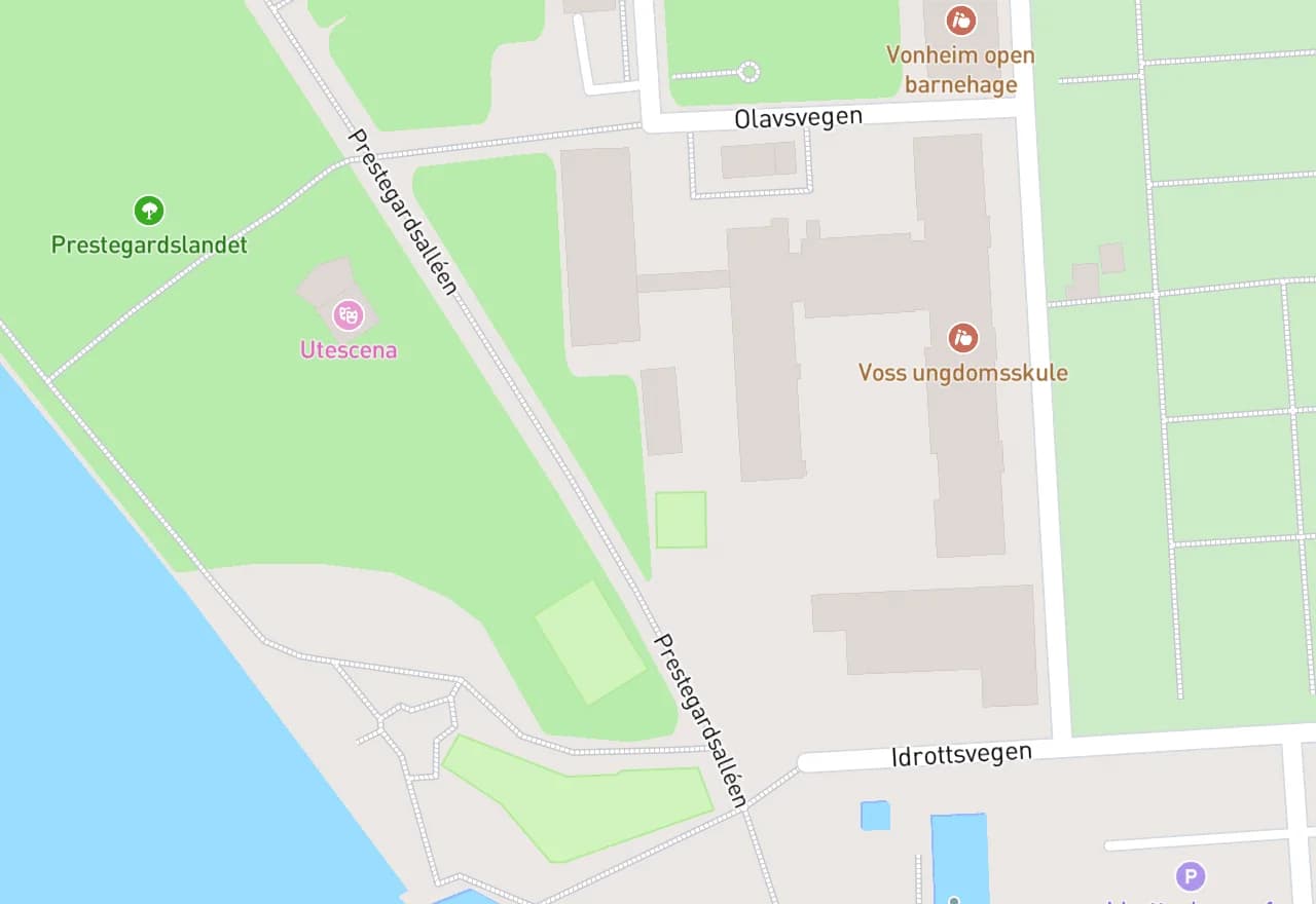 Kart over Prestegardsmoen på Voss, der Utescena er opna som si eiga side med si eiga adresse.